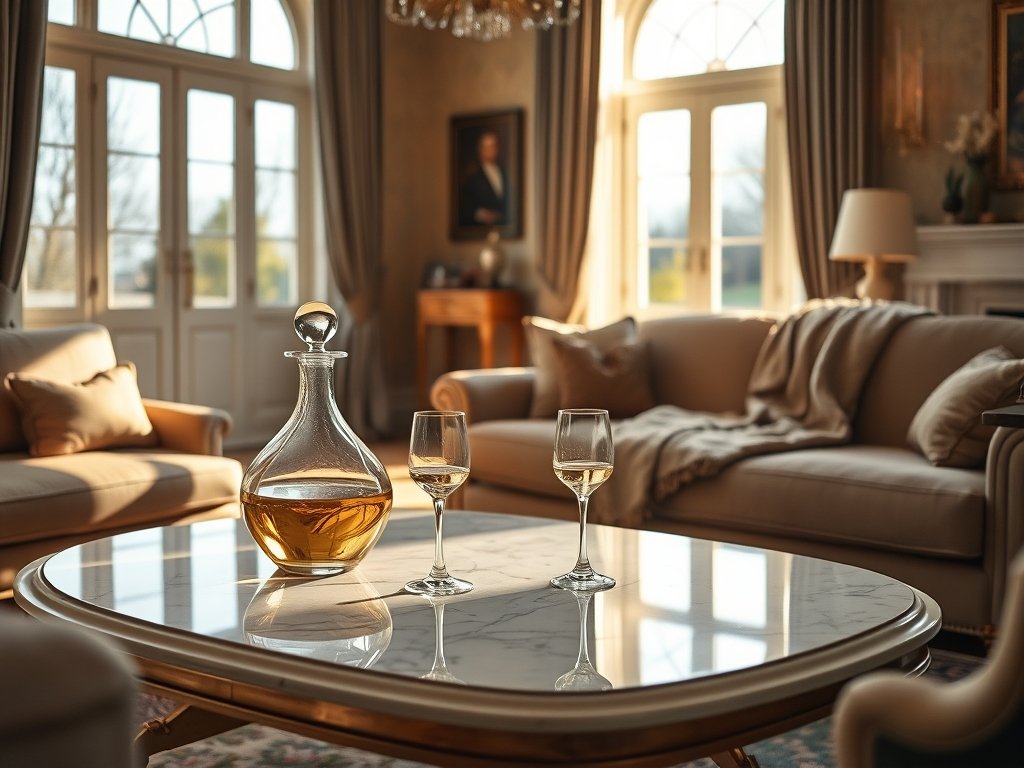 Woonkamer met gouden details, kristallen karaf en champagneglazen op marmeren tafel.