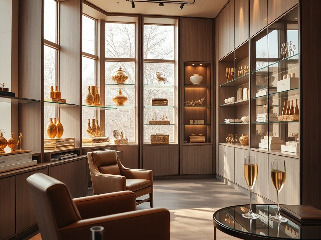 Interieur met gouden accessoires, een leren fauteuil en een glas champagne in natuurlijk licht.