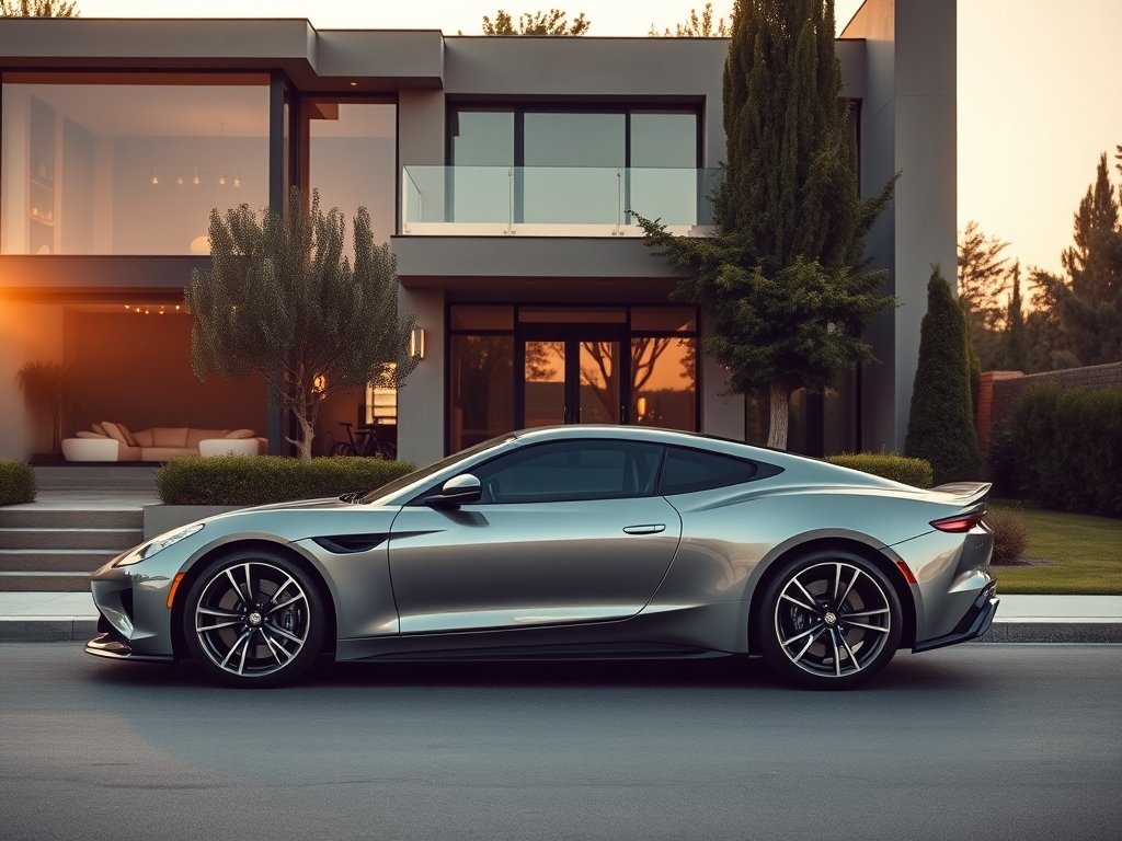 Sportwagen geparkeerd voor een moderne luxe villa met een verzorgde tuin.