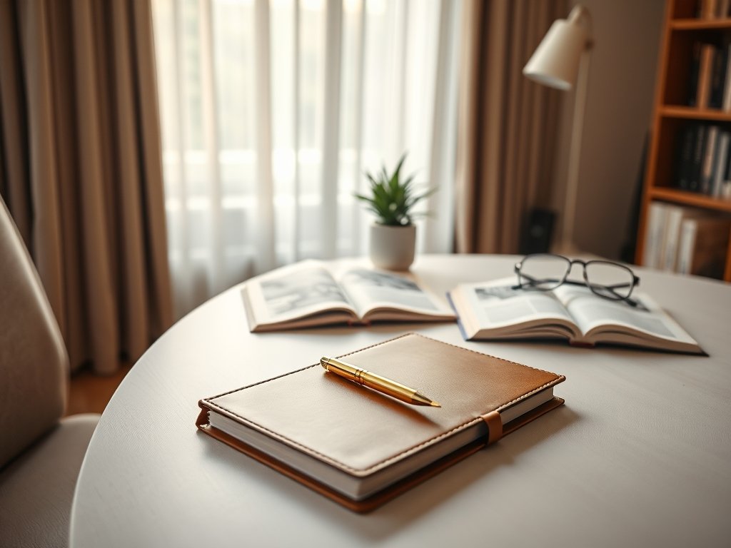 Elegante thuiskantoor met luxe accessoires en zachte natuurlijke lichtval.