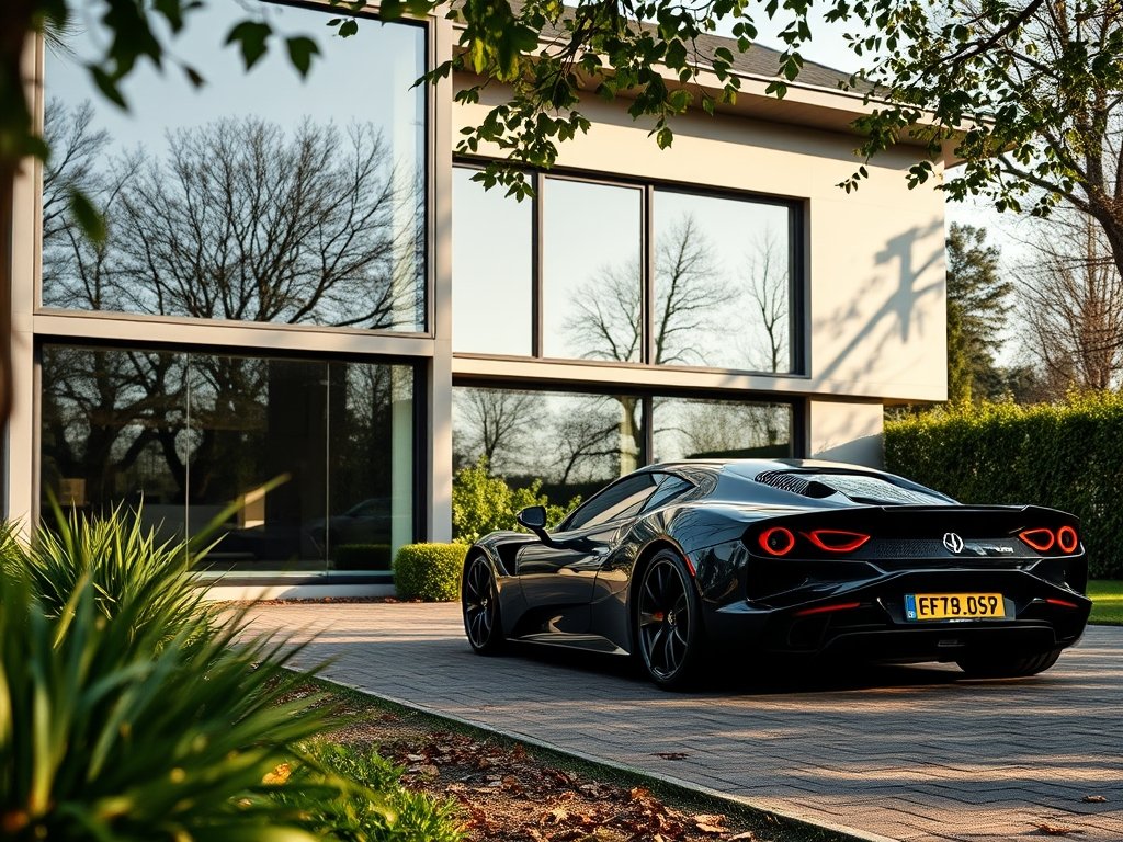 Exterieur van luxe villa met sportwagen en groene omgeving.