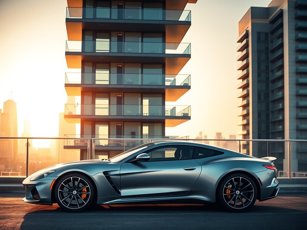 Moderne sportauto geparkeerd voor een penthouse met zicht op de stad bij zonsondergang.