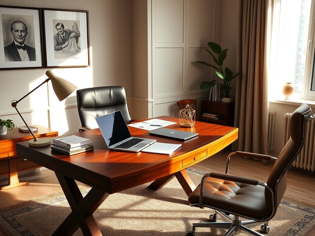 Stijlvol thuiskantoor met een houten bureau, laptop en gouden accessoires.