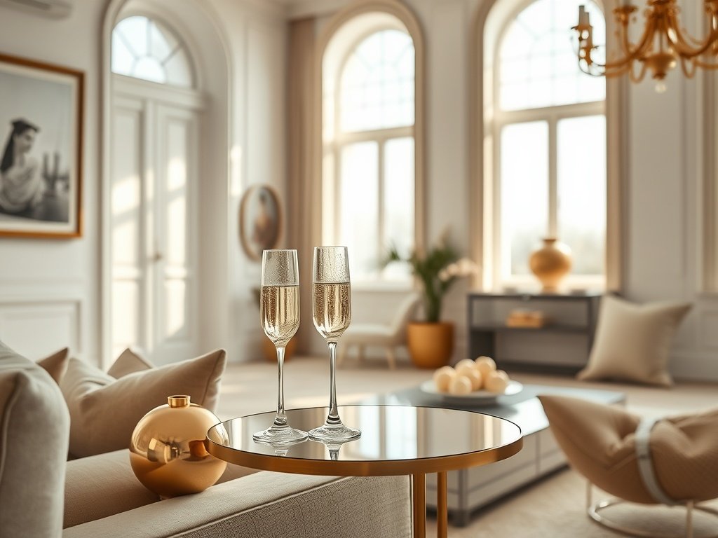 Minimalistische woonkamer met gouden accessoires en champagneglazen.