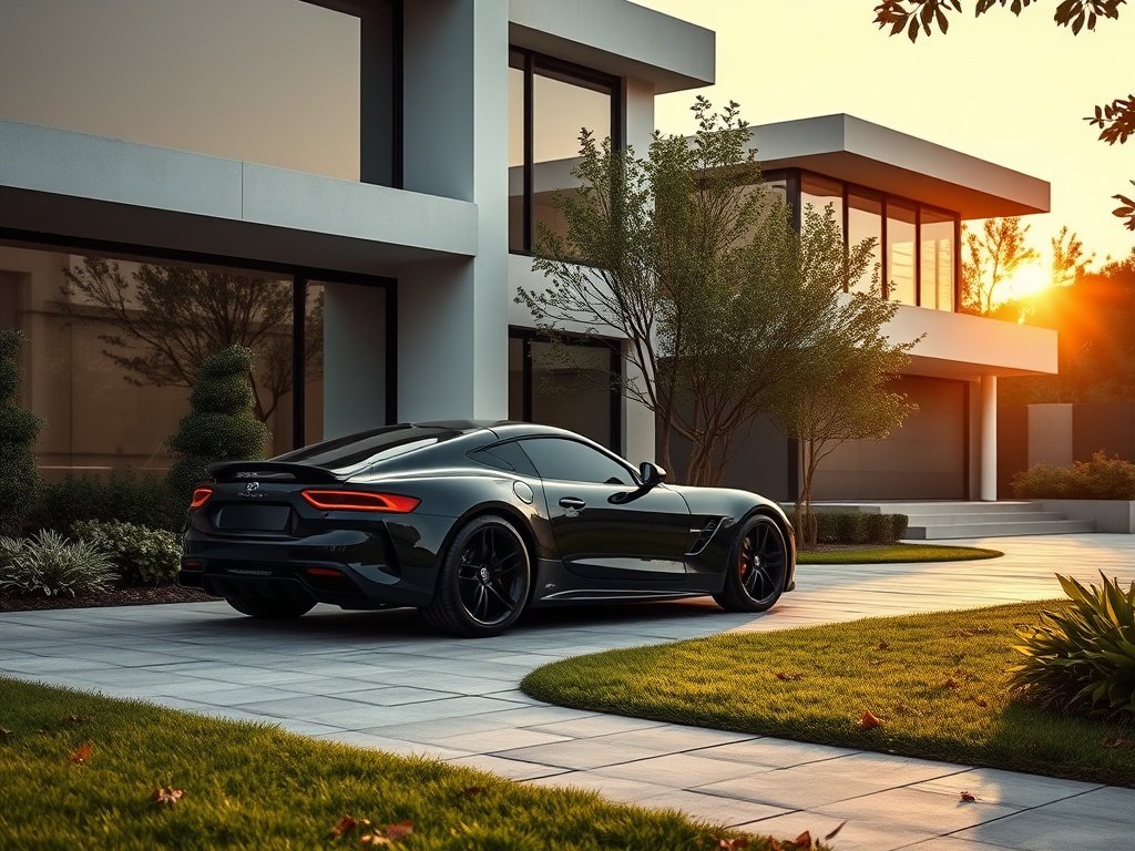 Moderne villa met zwarte sportwagen en verzacht avondlicht in de tuin.