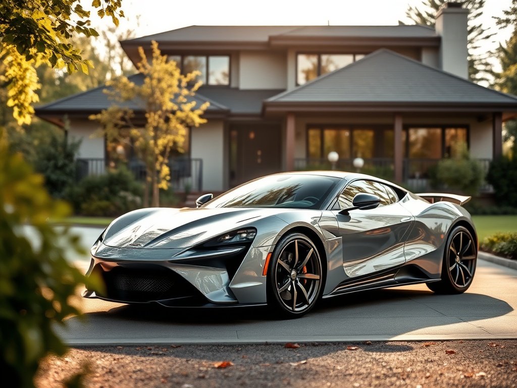 Sportwagen geparkeerd bij moderne woning in natuurlijke ochtendlicht.