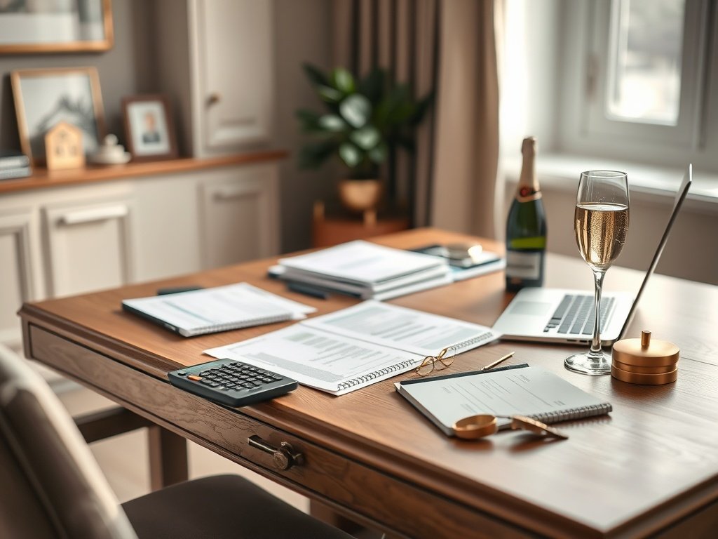 Thuiswerkplek met luxe accessoires en champagneglas op bureau.