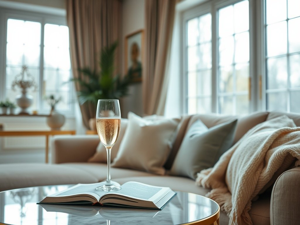 Gezellige woonkamer met gouden accenten en champagneglas bij zacht licht.