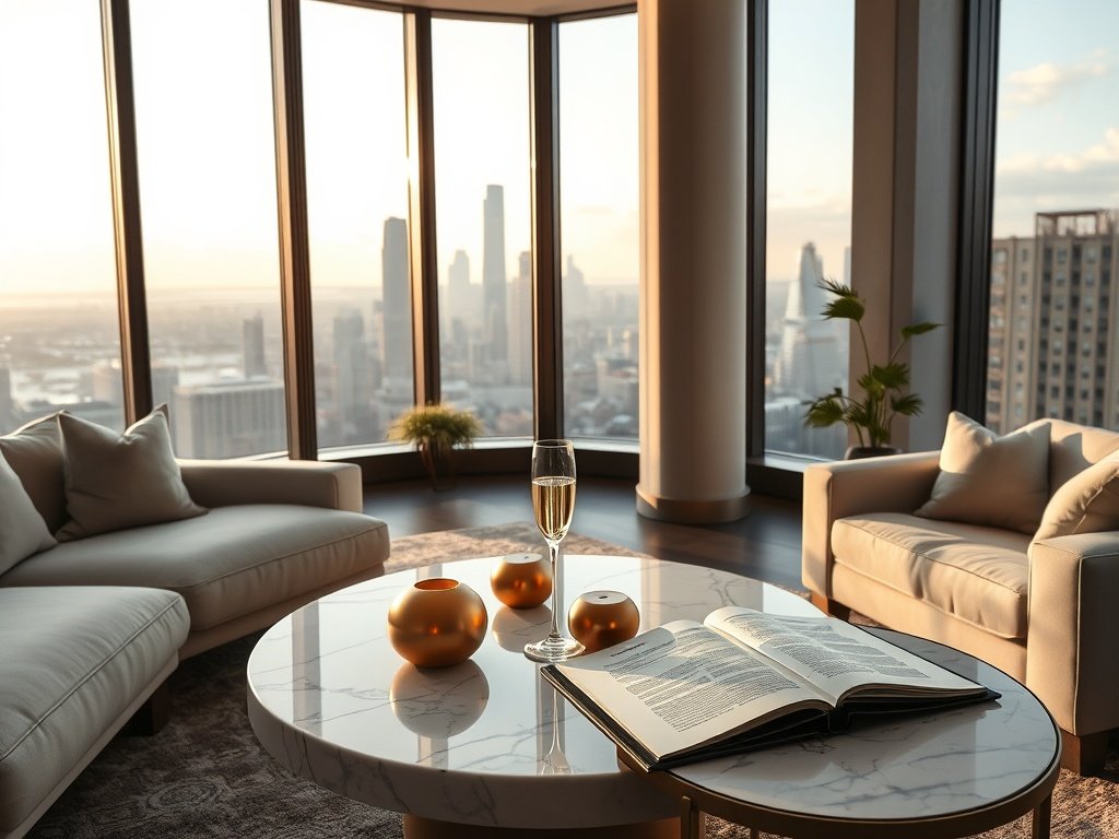 Luxueus penthouse interieur met uitzicht op de stad en gouden accessoires.