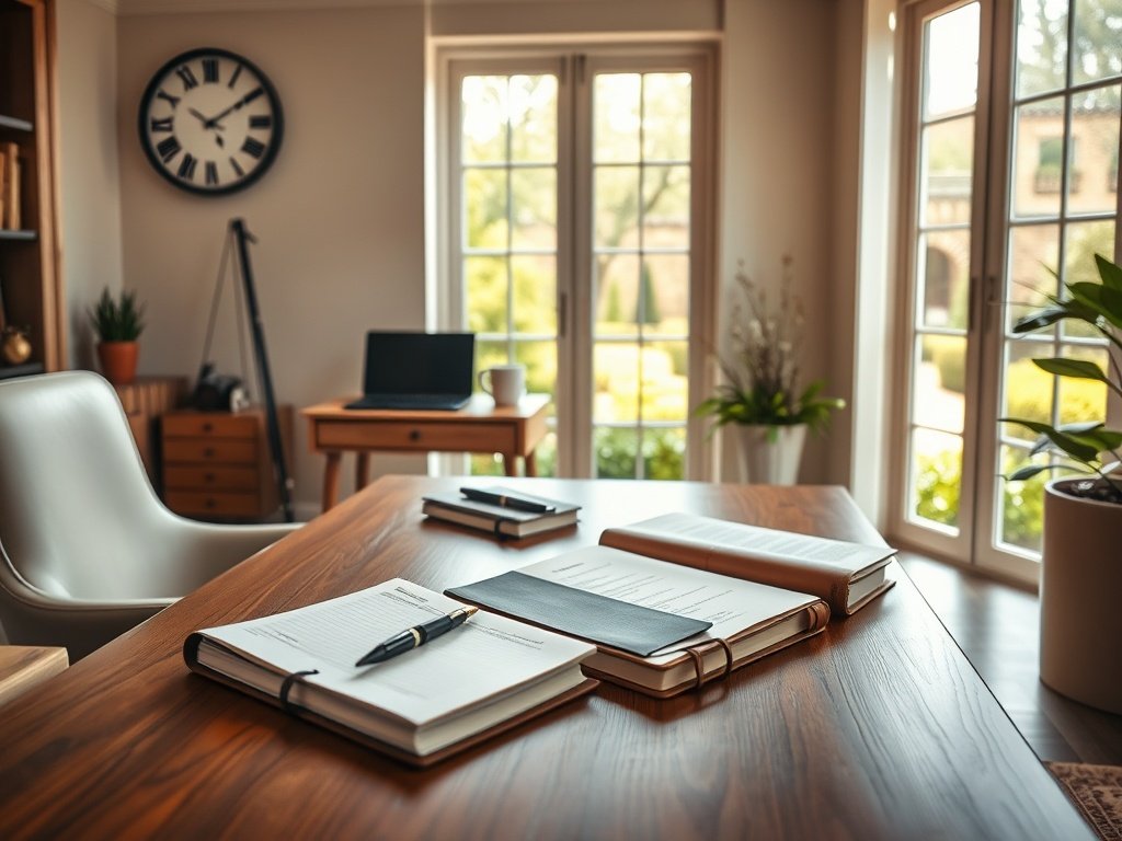 Elegante thuiskantoor met houten bureau en uitzicht op verzorgde tuin in zacht licht.