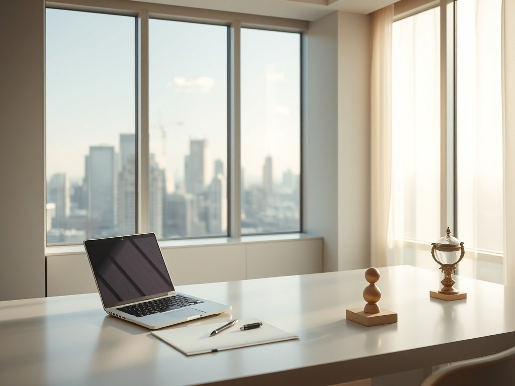 Luxe thuiskantoor met uitzicht op stadsgezichten en gouden accessoires.