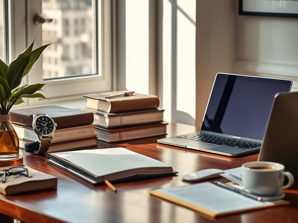 Stijlvolle thuiskantoorhoek met luxe accessoires en natuurlijke belichting.