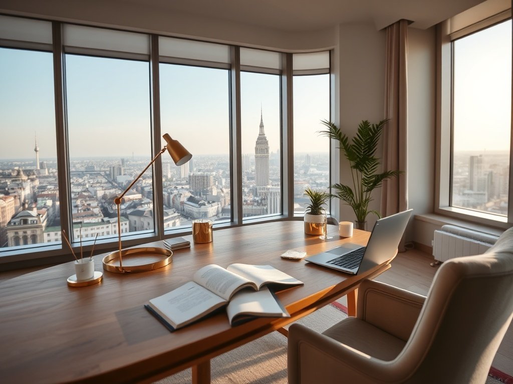 Modern penthouse werkkamer met laptop, gouden accessoires en uitzicht over Nederlandse stad.