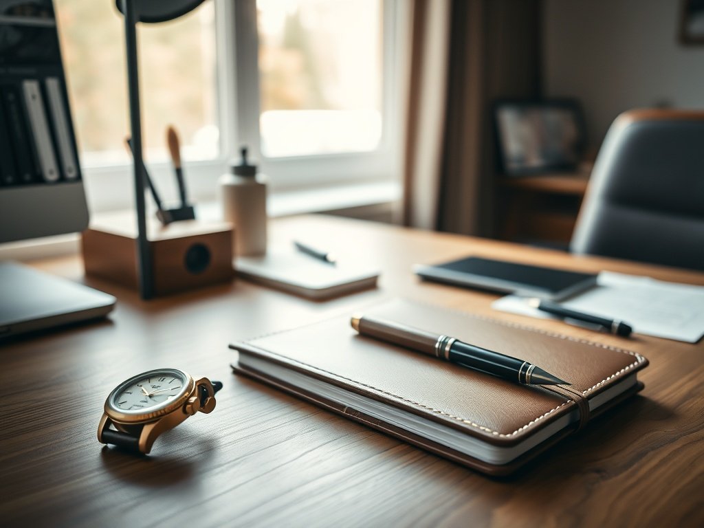 Exclusief bureau met luxe accessoires en zachte natuurlijke verlichting.