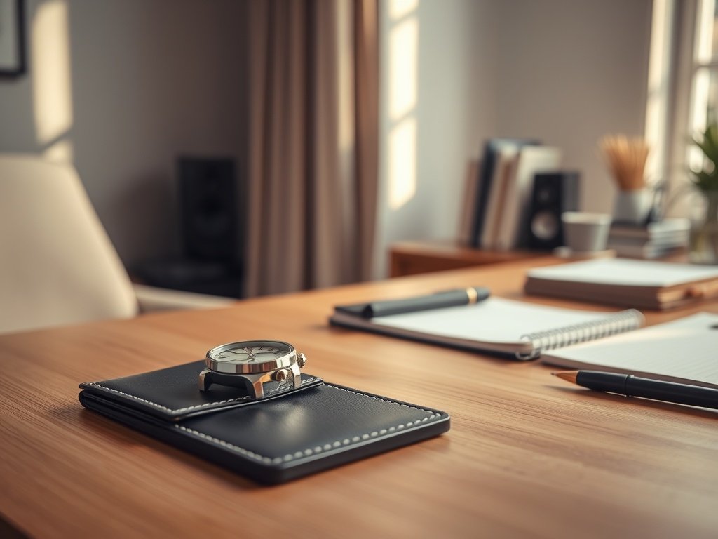 Minimalistisch bureau met luxe horloge en leren portemonnee in natuurlijk licht.