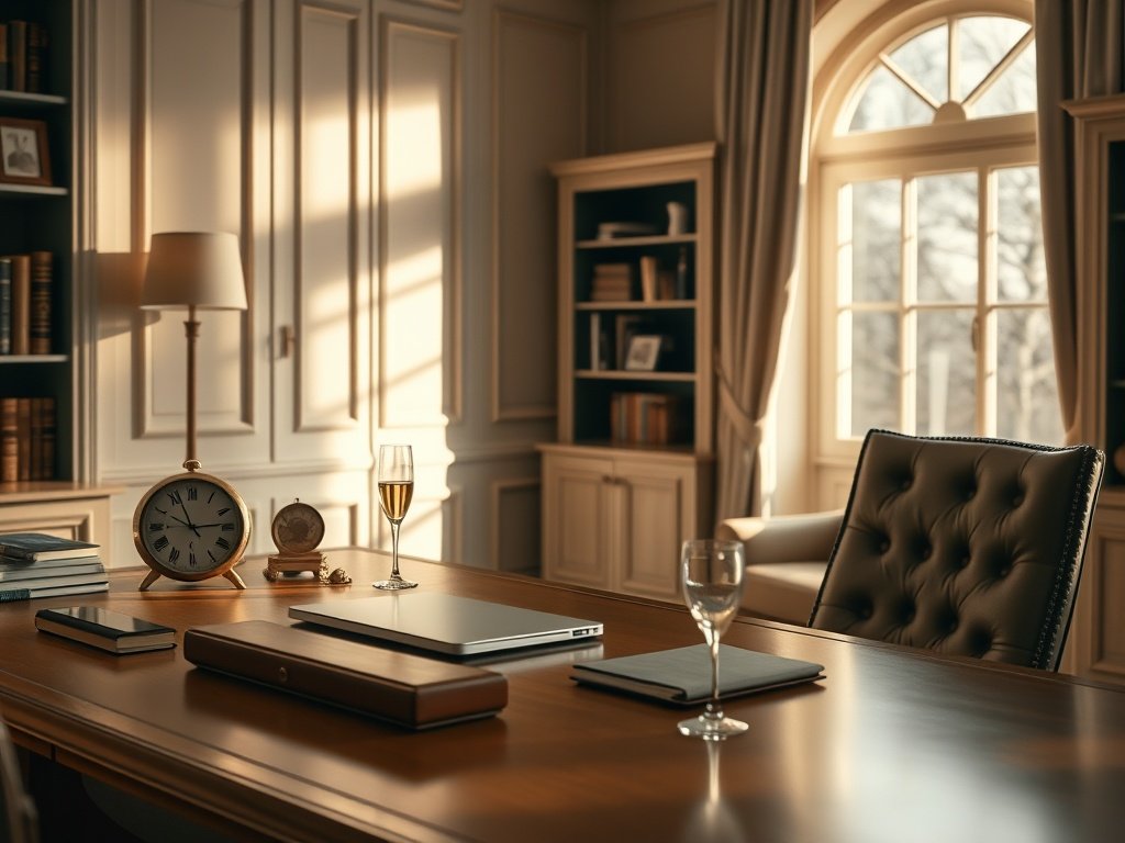 Stijlvolle werkkamer met gouden accenten en champagneglas.