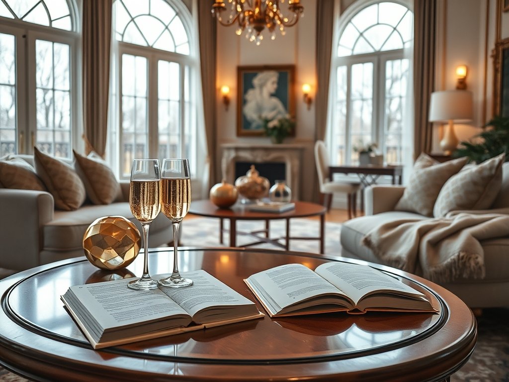 Exclusieve woonkamer met gouden accessoires en champagne op houten tafel.