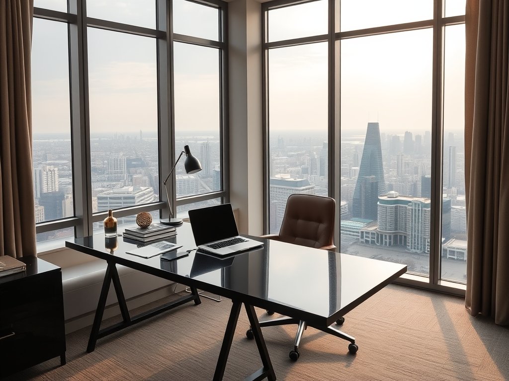 Moderne thuiswerkplek in luxe penthouse met uitzicht op stad en gouden accessoires.