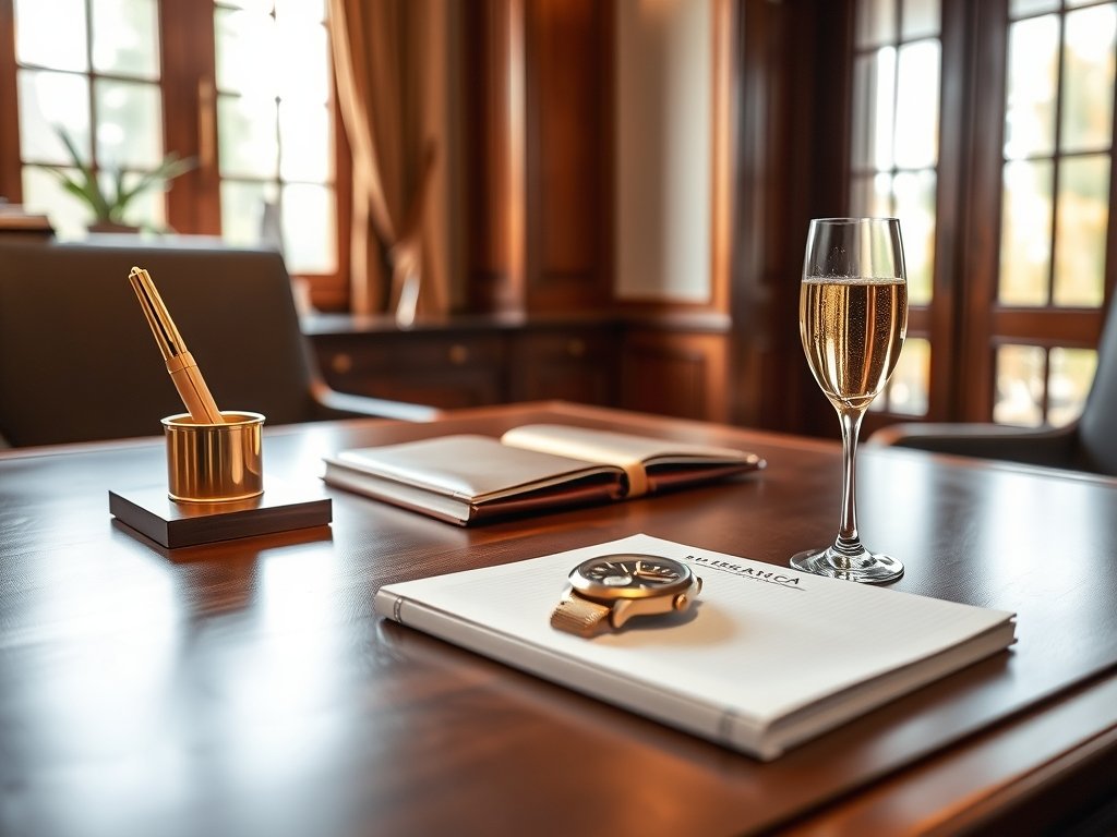 Interieur van een chique thuiswerkplek met gouden accessoires en een champagneglas.