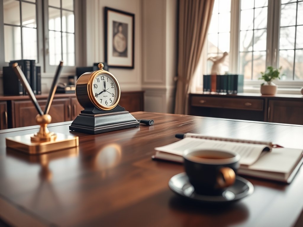 Stijlvol thuiskantoor met houten bureau en gouden accessoires in natuurlijk licht.