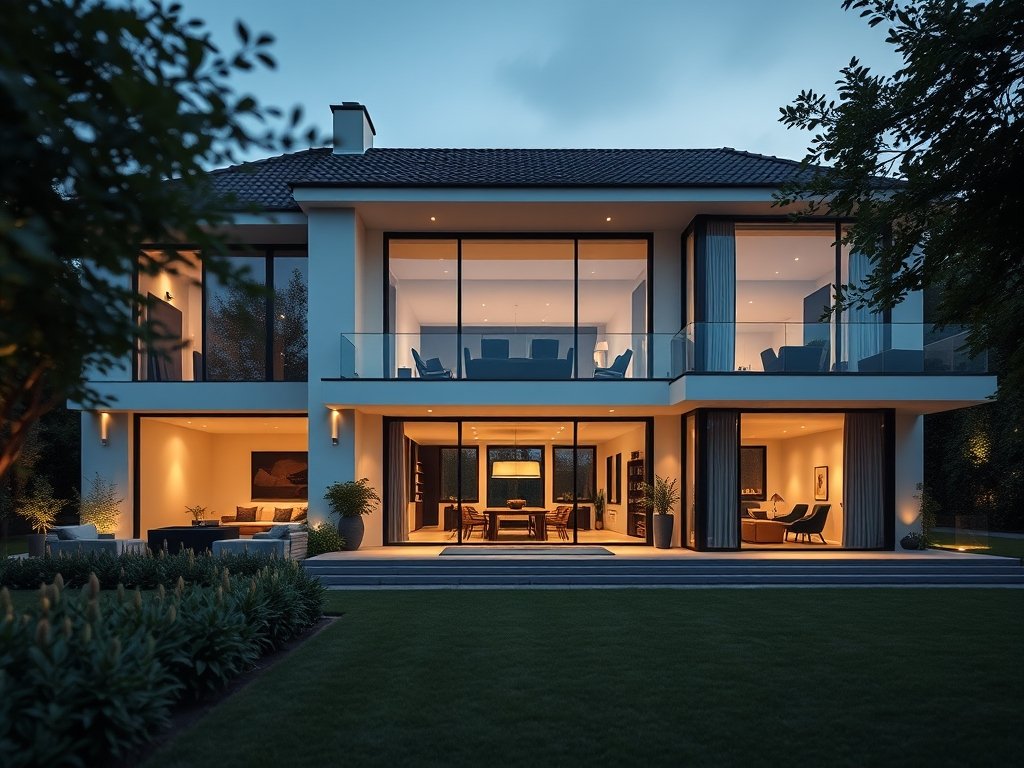 Moderne luxe villa met grote glaspartijen en een verzorgde tuin in zacht daglicht.