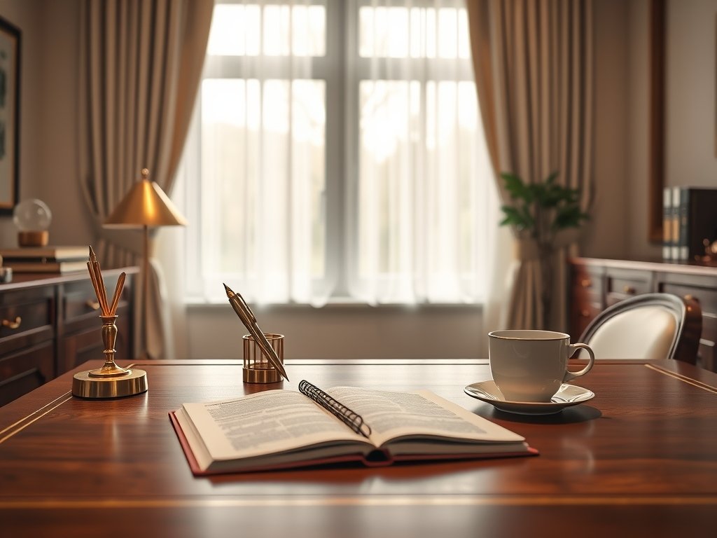 Exclusief thuiskantoor met houten bureau en gouden accessoires in zachte verlichting.