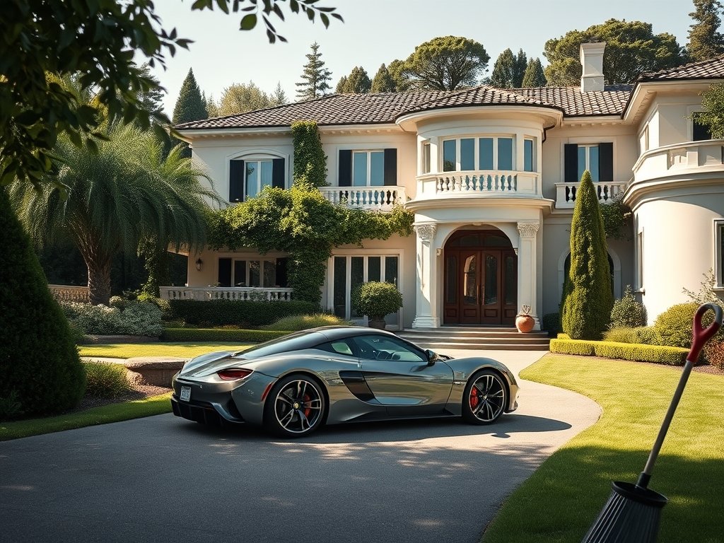 Villa met sportwagen en verzorgde tuin in natuurlijk ochtendlicht.