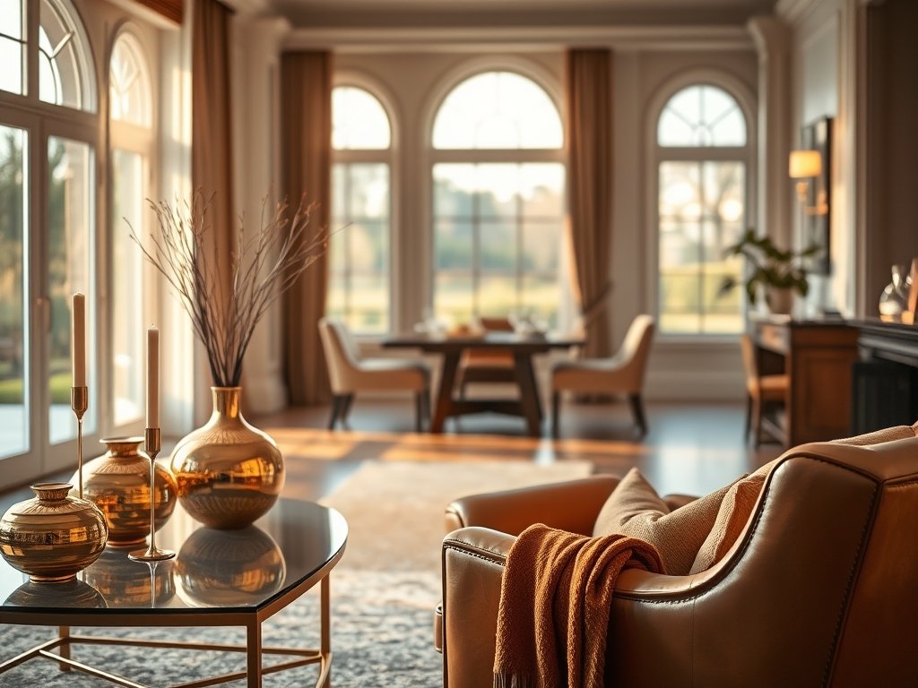 Stijlvolle woonkamer met gouden accessoires en champagne in warm licht.