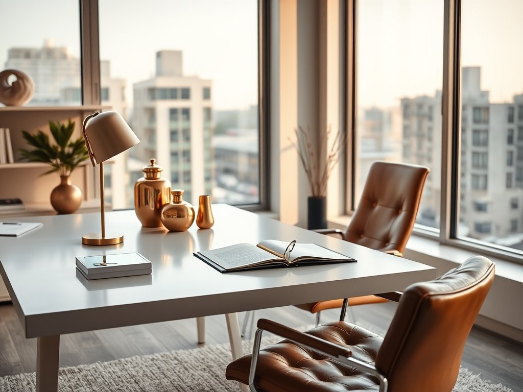 Modern thuiskantoor met luxe gouden accessoires en stadszicht.