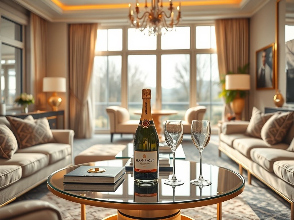 Stijlvolle woonkamer met gouden accenten en champagne op tafel.