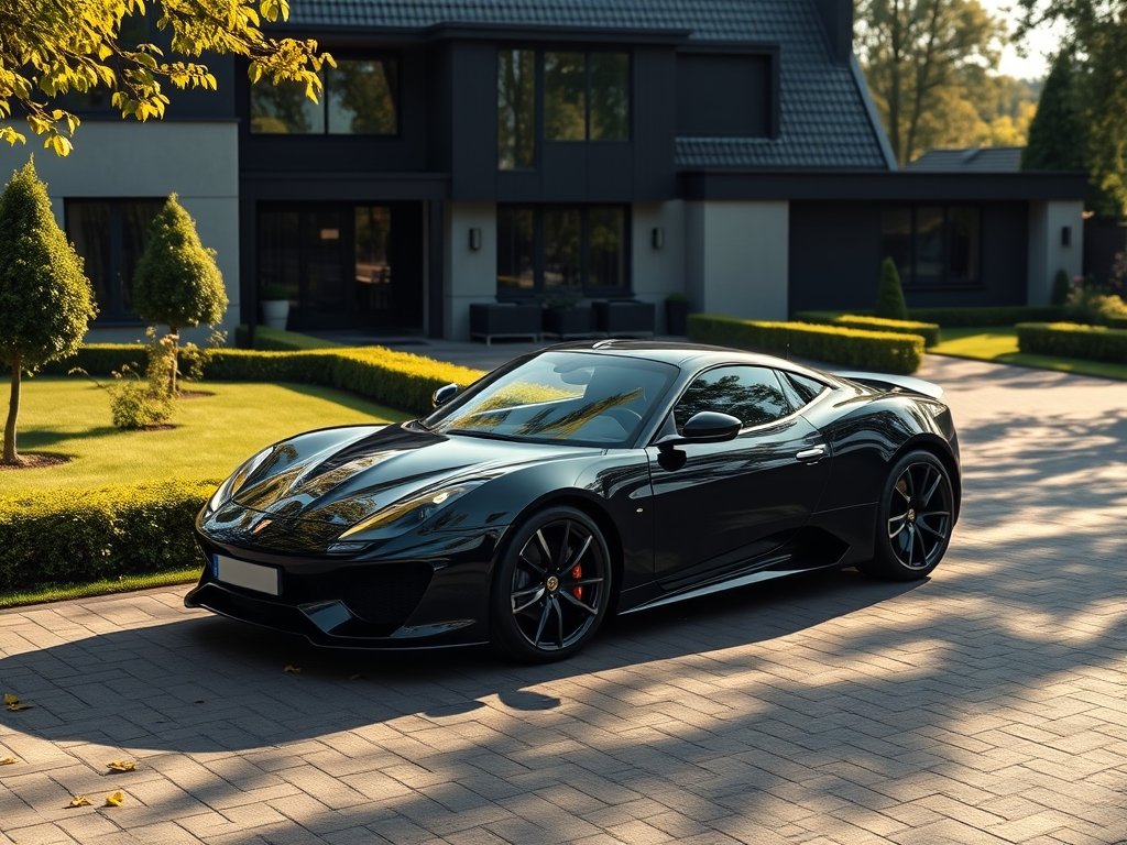 Sportwagen geparkeerd voor een luxe villa met groene tuin.