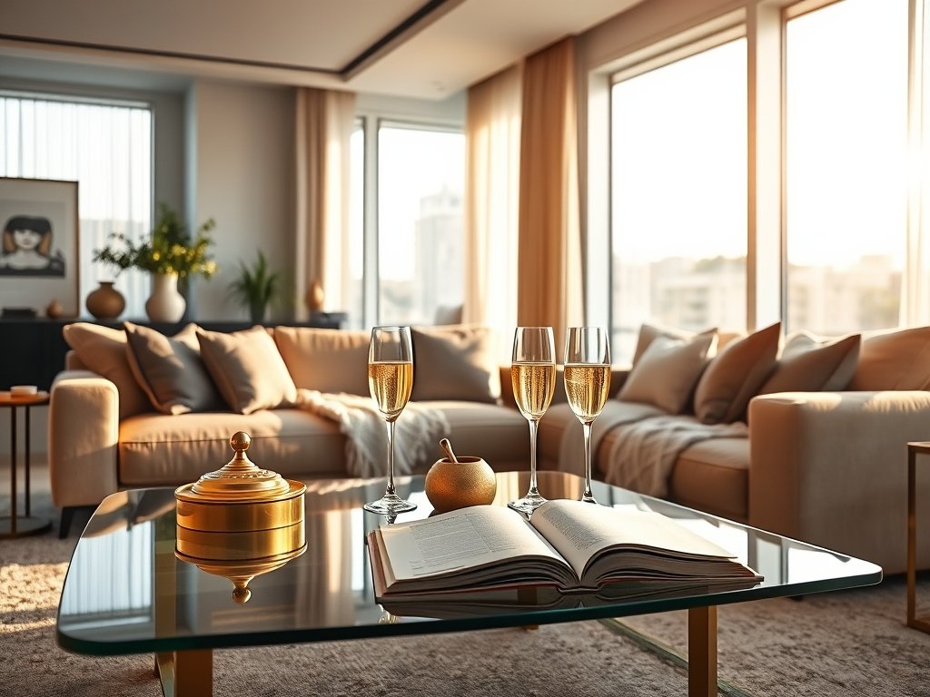 Luxe interieur met gouden accessoires en champagneglas in sfeervolle woonkamer.