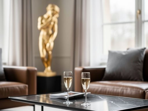 Stijlvolle woonkamer met luxe accessoires en zacht licht.