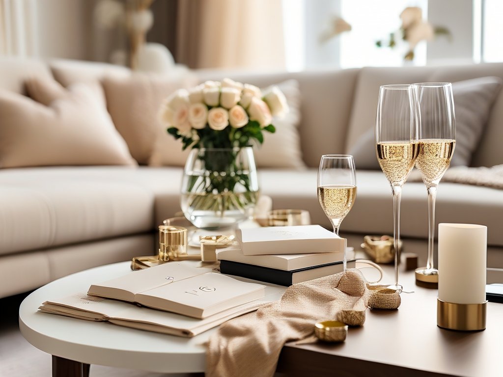 Exclusief interieur met designmeubels, gouden accessoires en champagne op een tafel bij zacht natuurlijk licht.