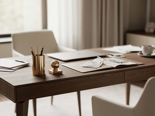 Minimalistisch efficiënt thuiskantoor met gouden accessoires en natuurlijk licht.