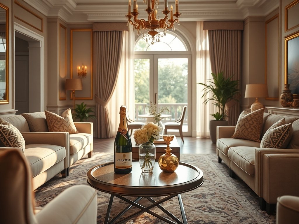 Stijlvolle woonkamer met champagne en gouden accessoires in warme natuurlijke lichtinval.