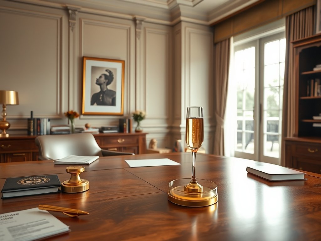 Elegante werkkamer met luxe gouden accessoires en champagnerglas in zacht natuurlijk licht.