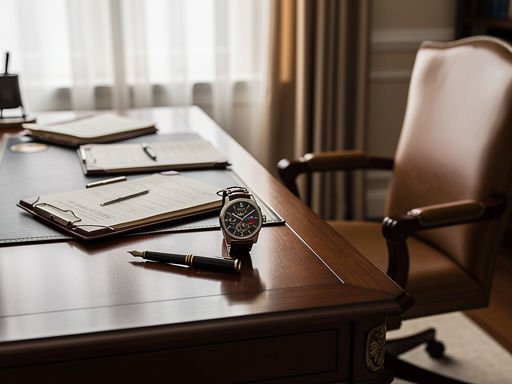 Exclusief thuiskantoor met luxe horloge en financiële documenten.