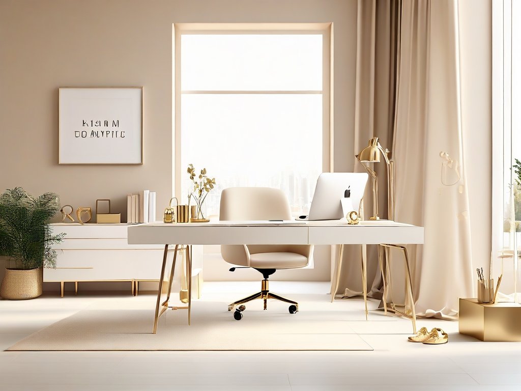 Sfeervol thuiskantoor met gouden accessoires en glas champagne.