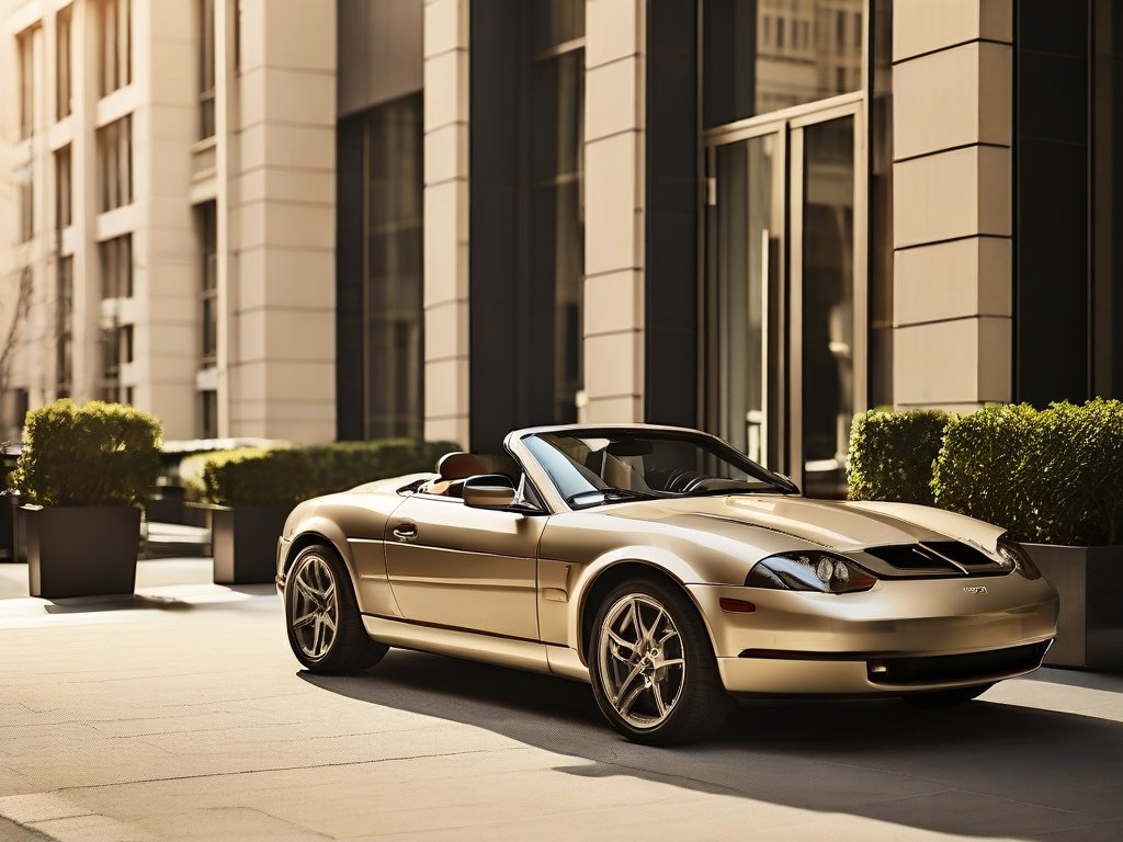 Luxe sportwagen geparkeerd bij een penthouse ingang met stijlvolle accessoires op een tafel.