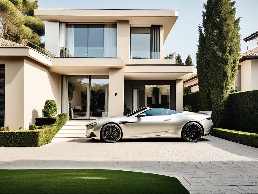 Moderne exclusieve villa met een luxe sportauto in de oprit en een verzorgde tuin.