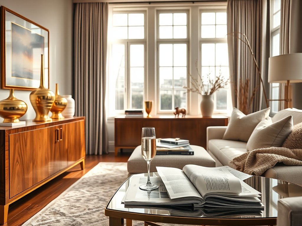 Sfeervolle woonkamer met gouden accessoires en glas champagne in natuurlijk licht.