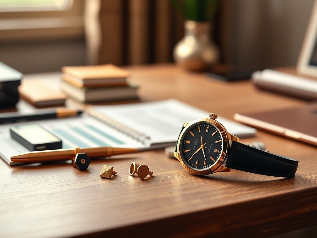 Elegante bureau met gouden luxe accessoires in zachte binnenverlichting.