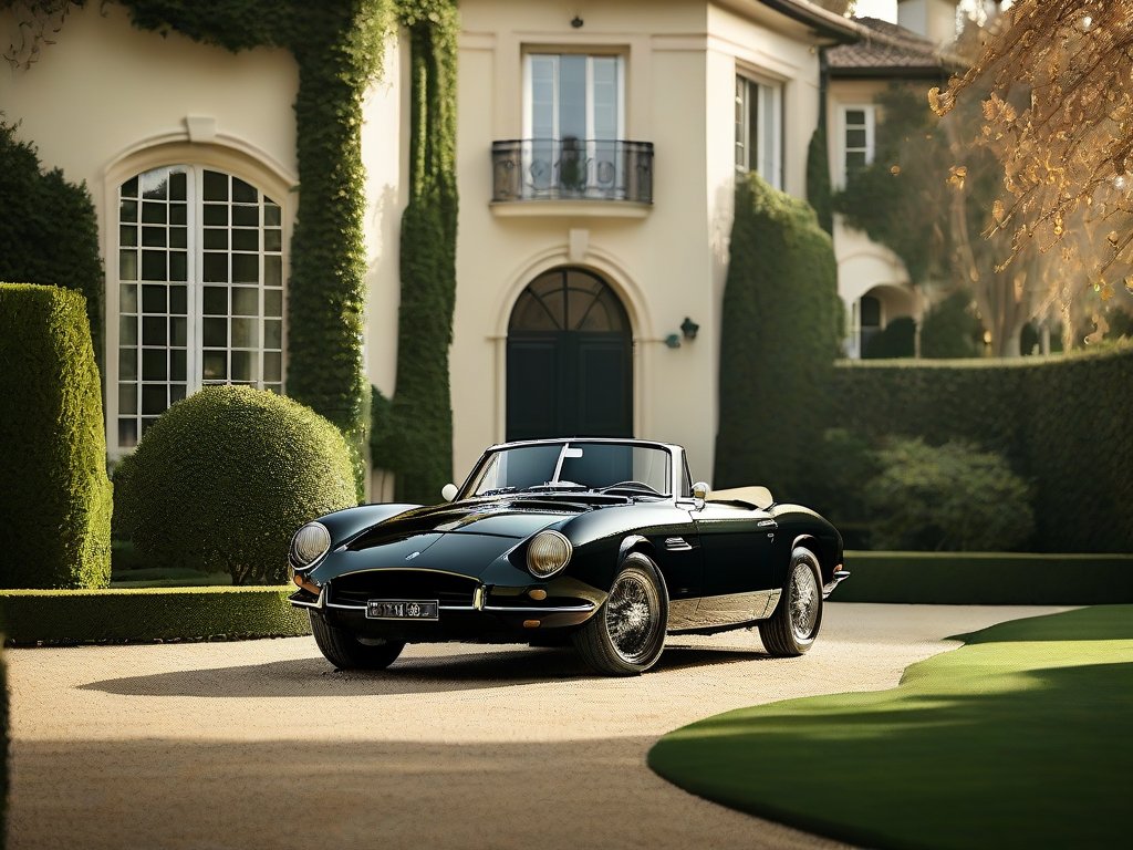 Vintage sportwagen voor exclusieve villa met verzorgde tuin passend bij Jack Nicholson vermogen.