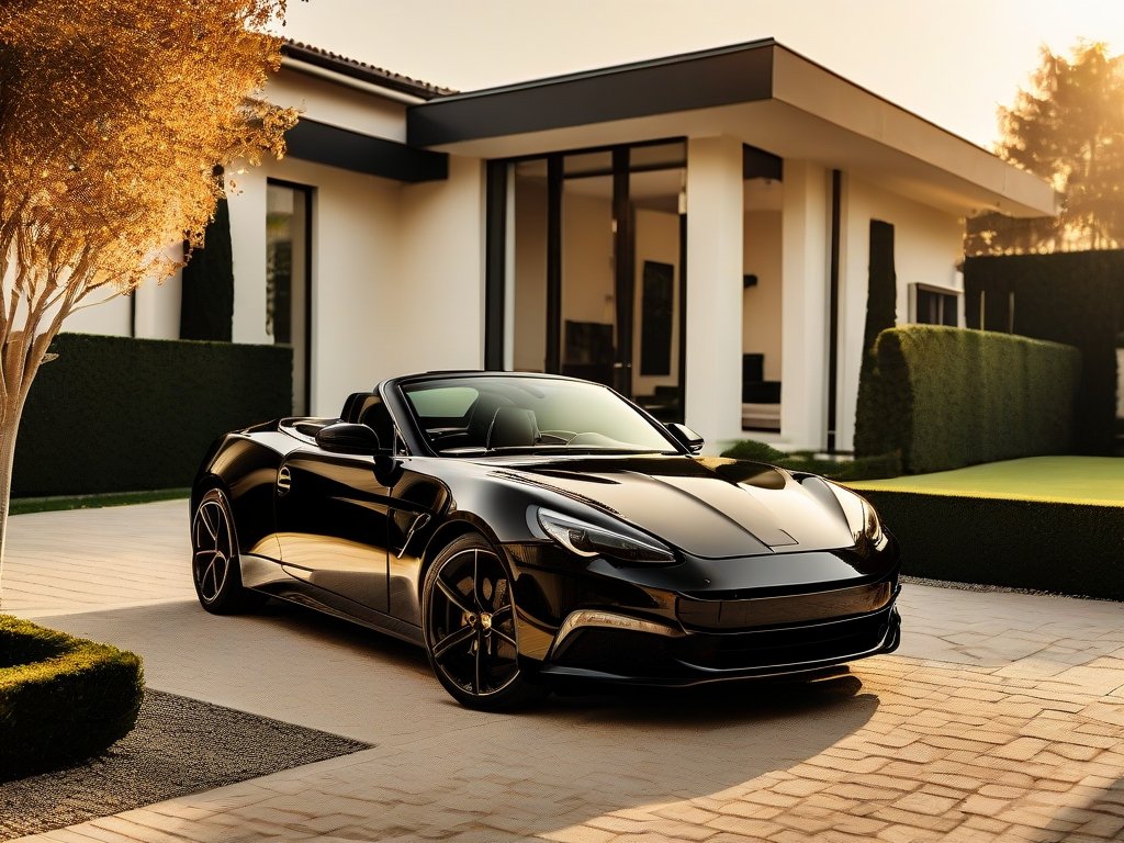 Zwarte sportwagen geparkeerd bij een moderne villa met groene tuin in avondlicht.