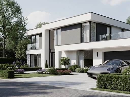 Moderne Nederlandse villa met sportwagen en onderhoudstuin.