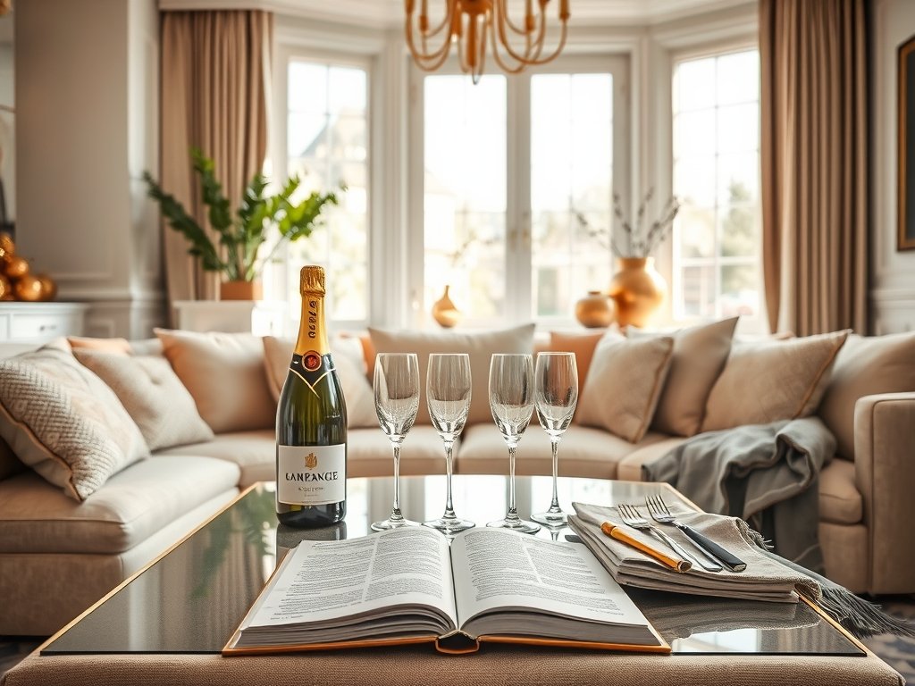 Sfeervol interieur met champagne en gouden accessoires op tafel.