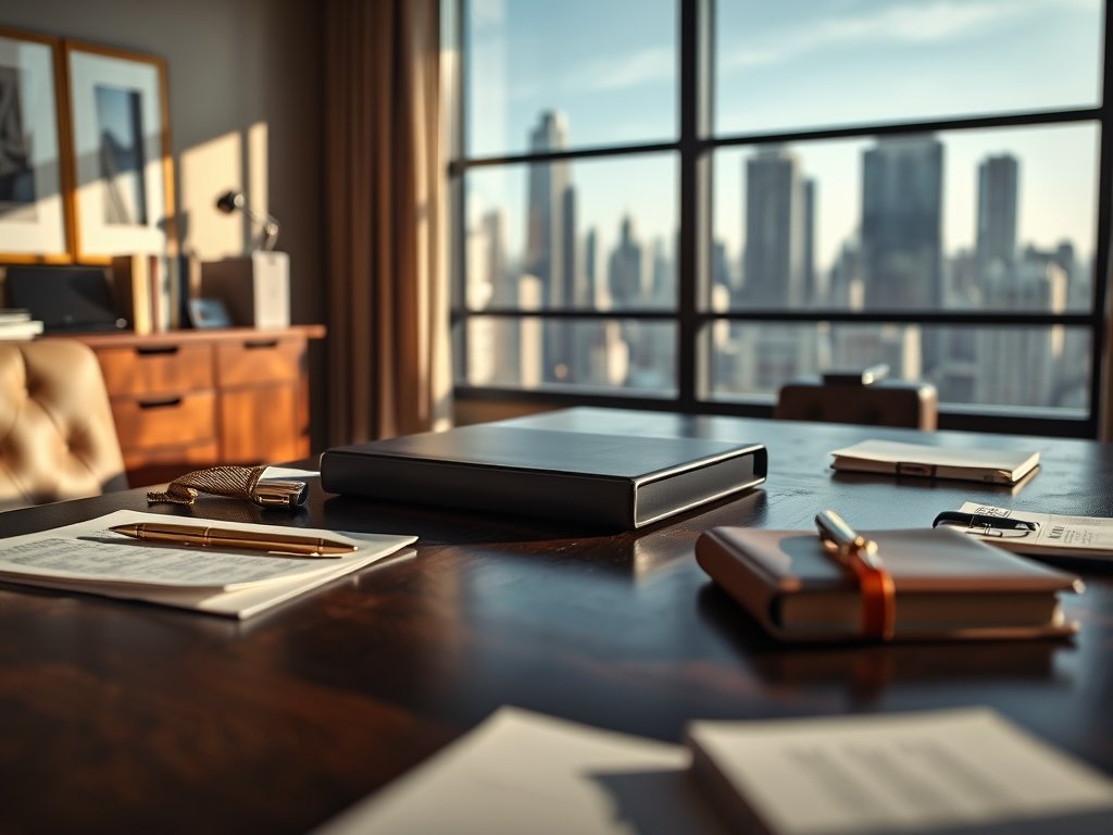 Luxe bureau met gouden accessoires en stadsuitzicht in natuurlijk licht.