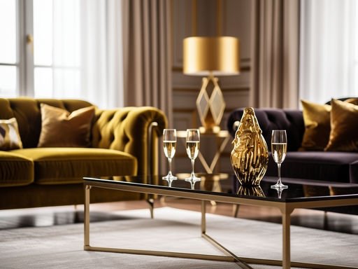 Exclusieve woonkamer met gouden accessoires en champagneglazen op de salontafel.