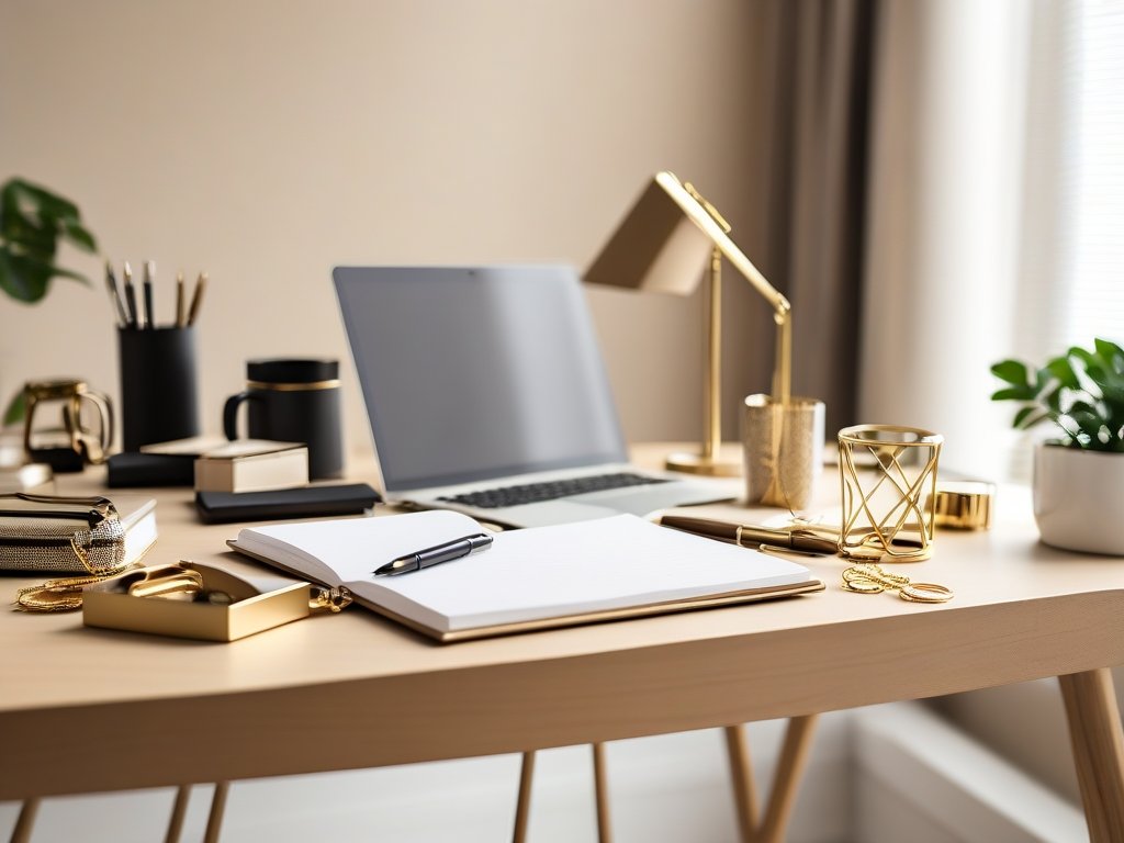 Elegante thuiskantoor met houten bureau en gouden accessoires bij zacht daglicht.